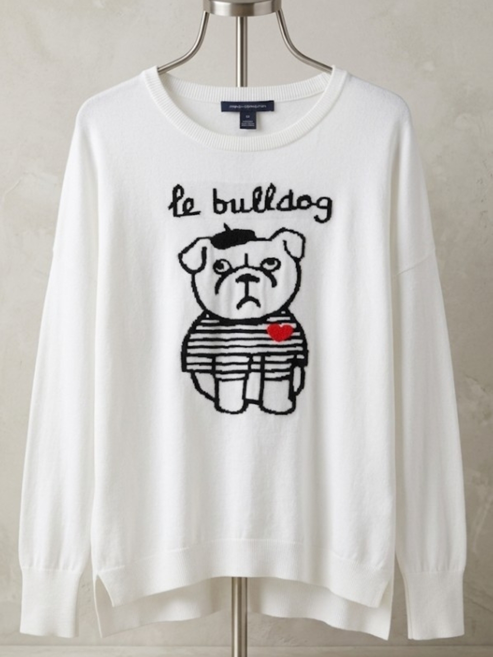 French Connection White BullDog Graphic Sweater Red Heart Accent (Sz M) Cotton